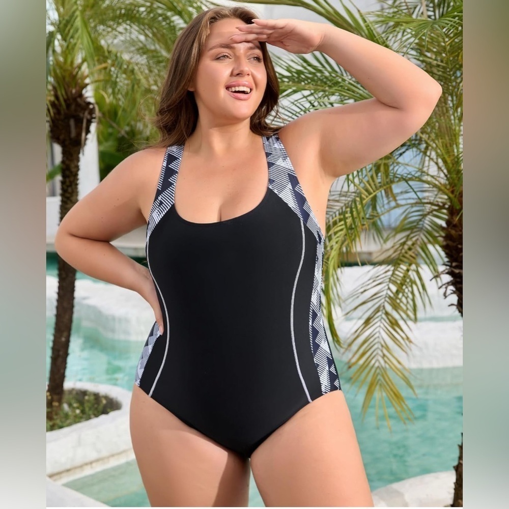 NWT- 22W Athletic Racerback 
Black white BathingSuit
Full coverage tummy control - Picture 6 of 8